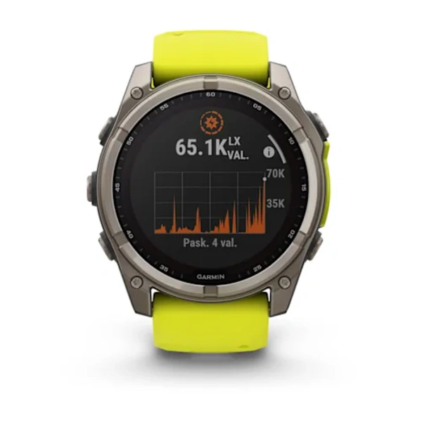 Garmin fenix 8  &ndash; 51 mm, Solar, Sapphire i&scaron;manusis sportinis laikrodis (Ry&scaron;kiai Geltonos Spalvos)