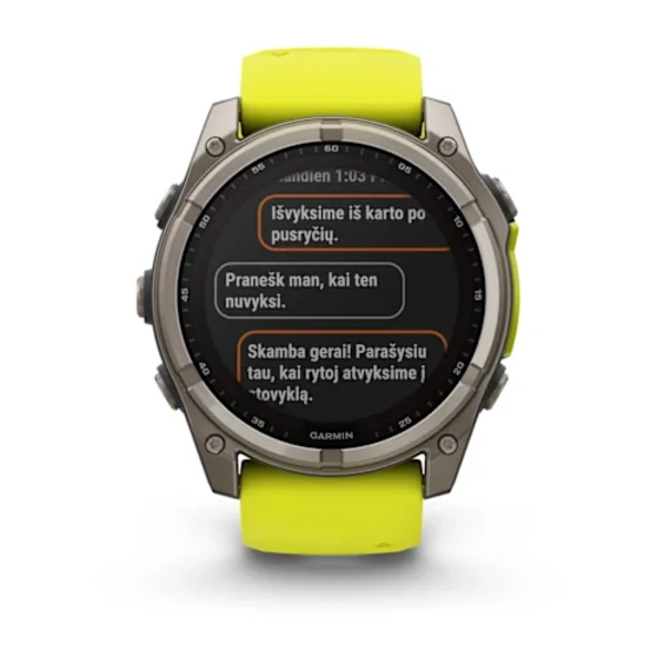 Garmin fenix 8  &ndash; 51 mm, Solar, Sapphire i&scaron;manusis sportinis laikrodis (Ry&scaron;kiai Geltonos Spalvos)