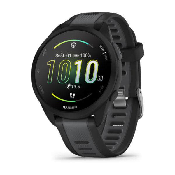 Garmin Forerunner&reg; 165 sportinis i&scaron;manusis laikrodis (juodos / pilkai melsvos spalvos)