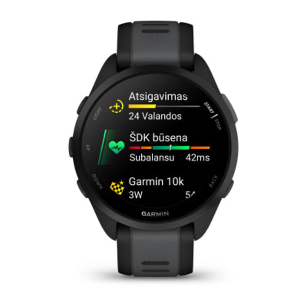 Garmin Forerunner&reg; 165 sportinis i&scaron;manusis laikrodis (juodos / pilkai melsvos spalvos)