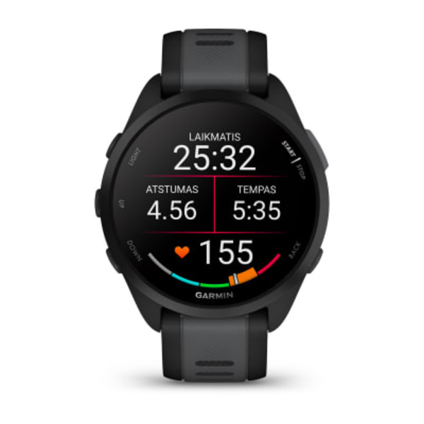 Garmin Forerunner&reg; 165 sportinis i&scaron;manusis laikrodis (juodos / pilkai melsvos spalvos)