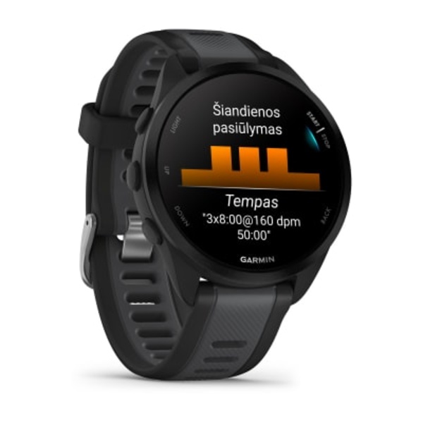 Garmin Forerunner&reg; 165 sportinis i&scaron;manusis laikrodis (juodos / pilkai melsvos spalvos)