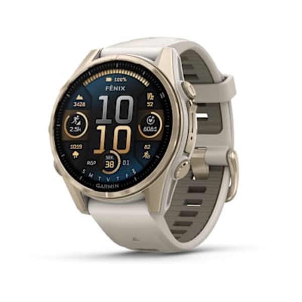 Garmin fēnix 8 43 mm, AMOLED Sapphire i&scaron;manusis sportinis laikrodis (&Scaron;viesaus aukso spalvos)